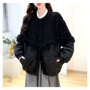 Commense Patchwork Cable Knit Quilted Coat black‎ size L/8-10 US